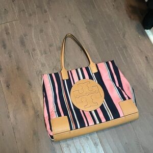 Tory Burch Pink and Navy Striped Tote
